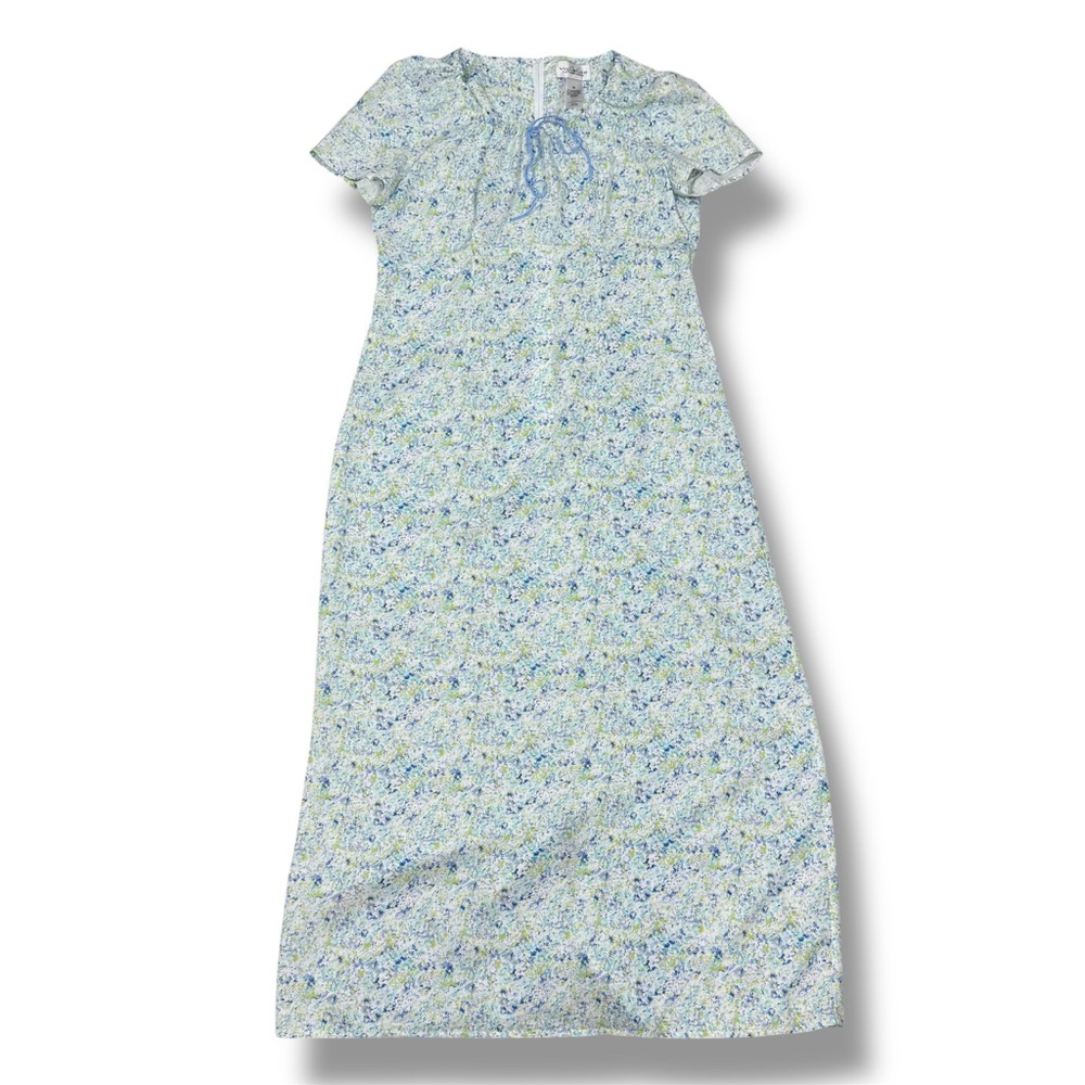 Vntg Villager Liz Claiborne Ditsy Floral Cinch Neck Linen Maxi Dress Blue Medium - Picture 12 of 12